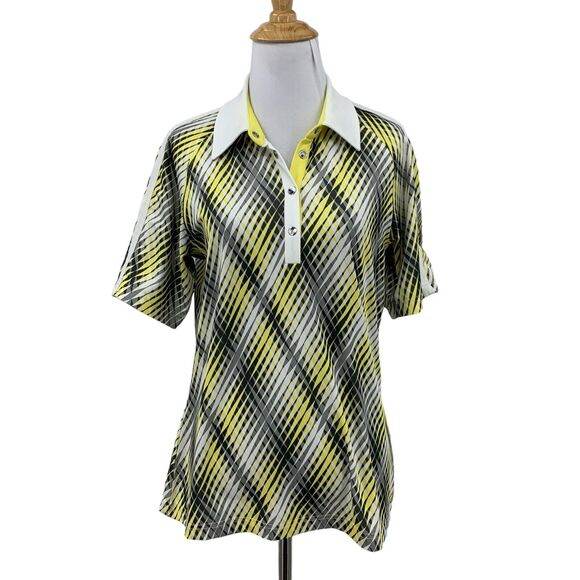 GG Blue Polo Shirt Womens M Multi Geo Print Snap Button Collared Short Sleeve - Picture 1 of 10